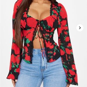 Red Floral Lace-Trim Tie-Front Fashion Nova Top